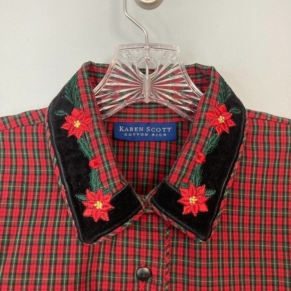 Karen Scott Red Green Plaid Velvet Trim Poinsettia Collar Button Up Shirt Size M - Picture 10 of 12